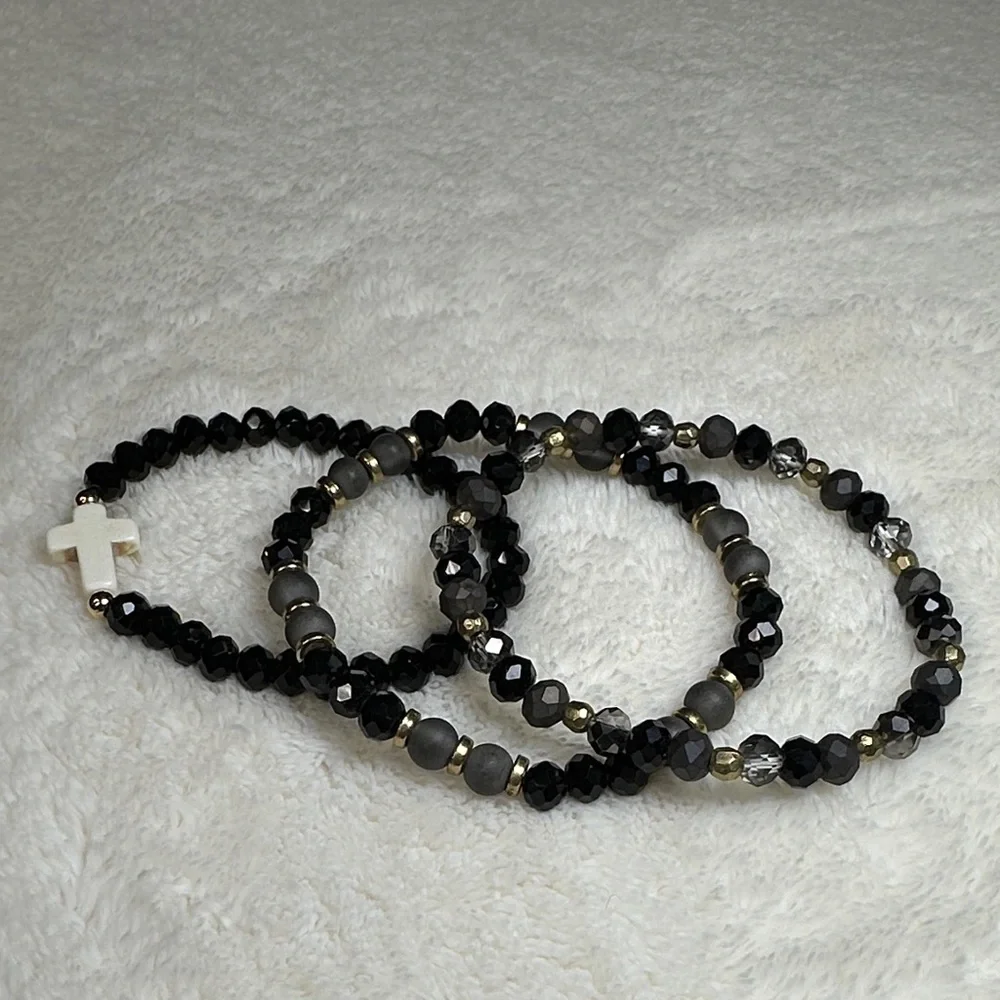 Beaded Bracelet Set of 3 w/Cross Charm on Black & Mirrored Grey & Gold Tone NWOT